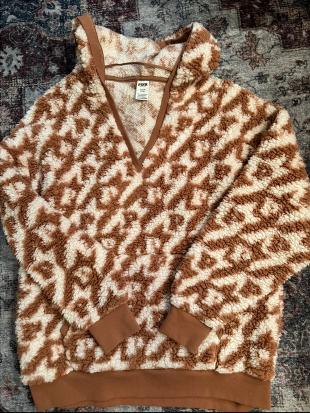 PINK Victoria's Secret Brown & Cream Plush V-Neck Sweater